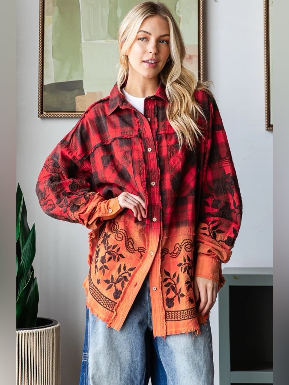 Oli & Hali Mineral Washed Plaid Embroidered Shirt Relaxed Cotton Women Size L - Picture 6 of 16